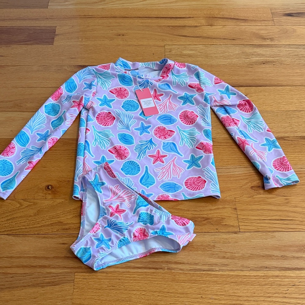 NWT Seafolly Long Sleeve Rash Guard Swim Set in Pink and Blue - Sea Shell Print